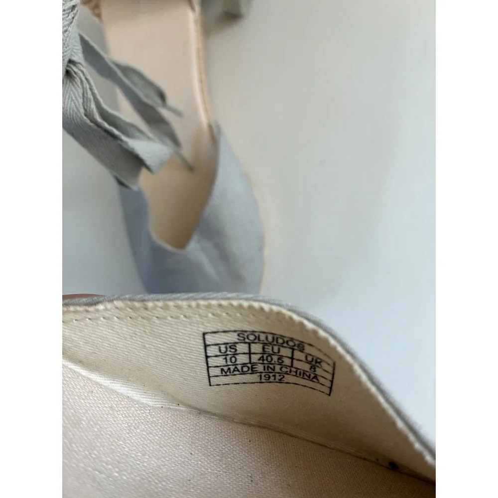 Soludos Womens Tall Wedge Espadrille Grey Canvas Ankle Tie Sandals 10